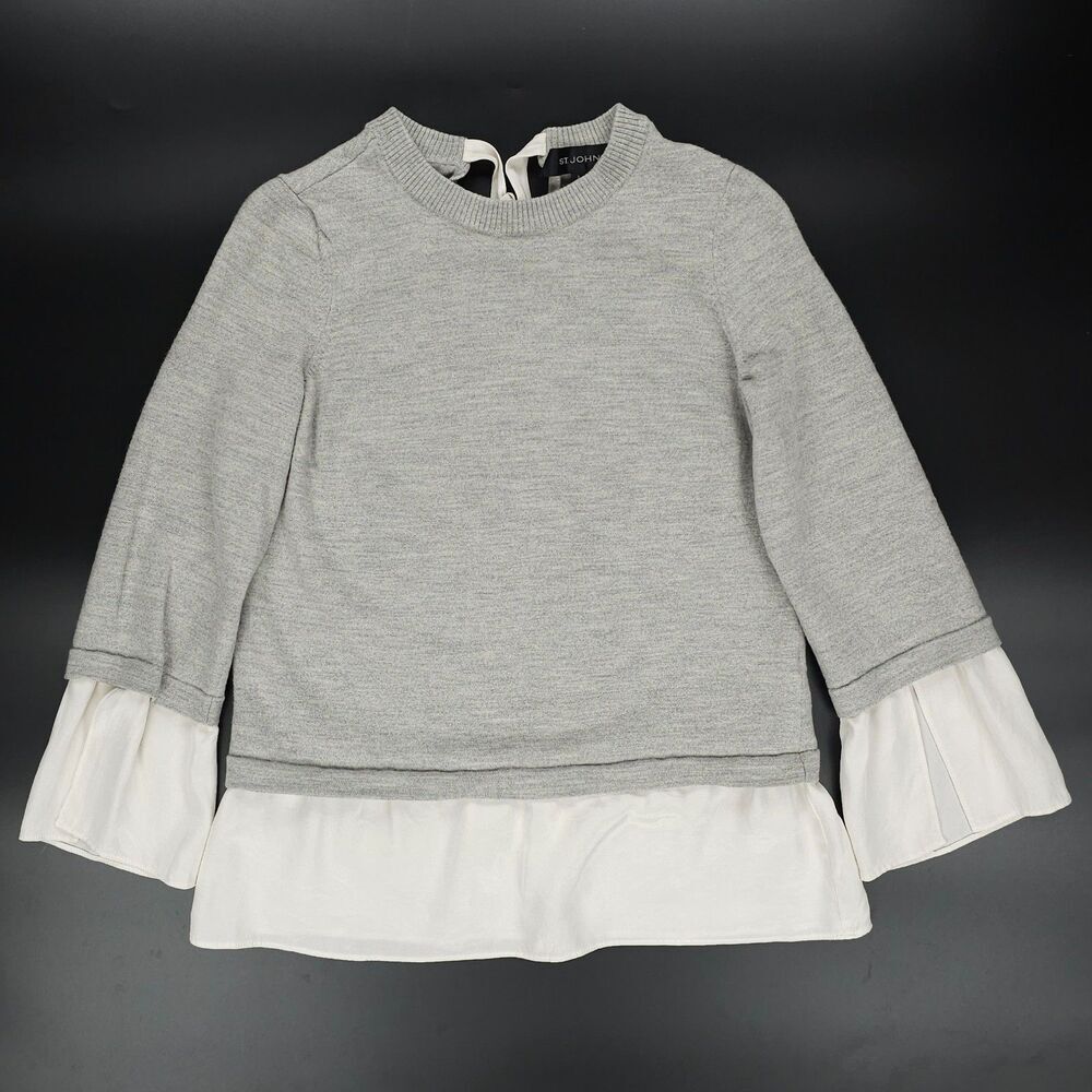 ST JOHN Wool Silk Fine Gauge Tie Back Sweater Two-fer Old Money Quiet Luxury